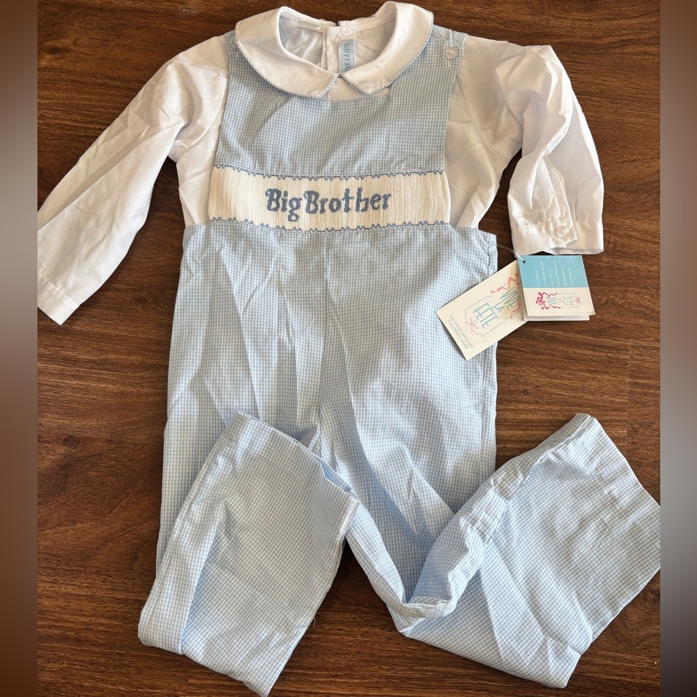 NWT smocked blue big brother Longall Jon Jon